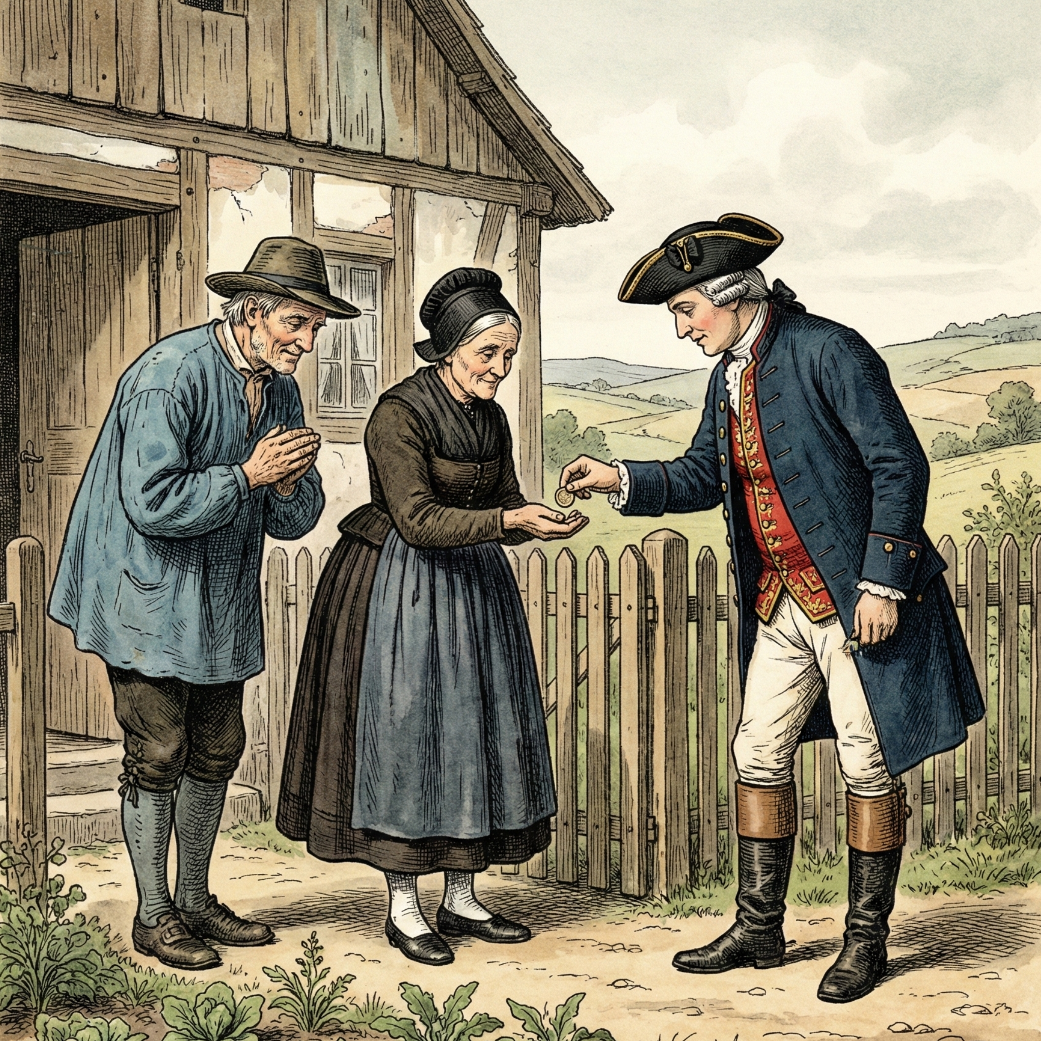 Historische Illustration: Ein wohlhabender Pilger in traditioneller Kleidung gibt einem armen, alten Ehepaar vor einem einfachen Haus eine Spende; ländliche Umgebung mit Zaun und Feldern im Hintergrund.