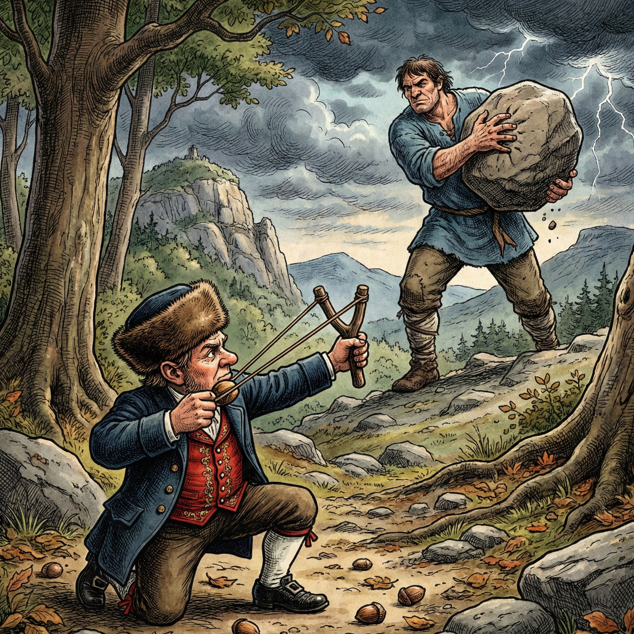 Ein Zwerg mit Zwille zielt auf einen Riesen, der auf einem Felsen steht und einen großen Stein zum Wurf hebt; dramatische Wald- und Berglandschaft mit Gewitterhimmel im Hintergrund.