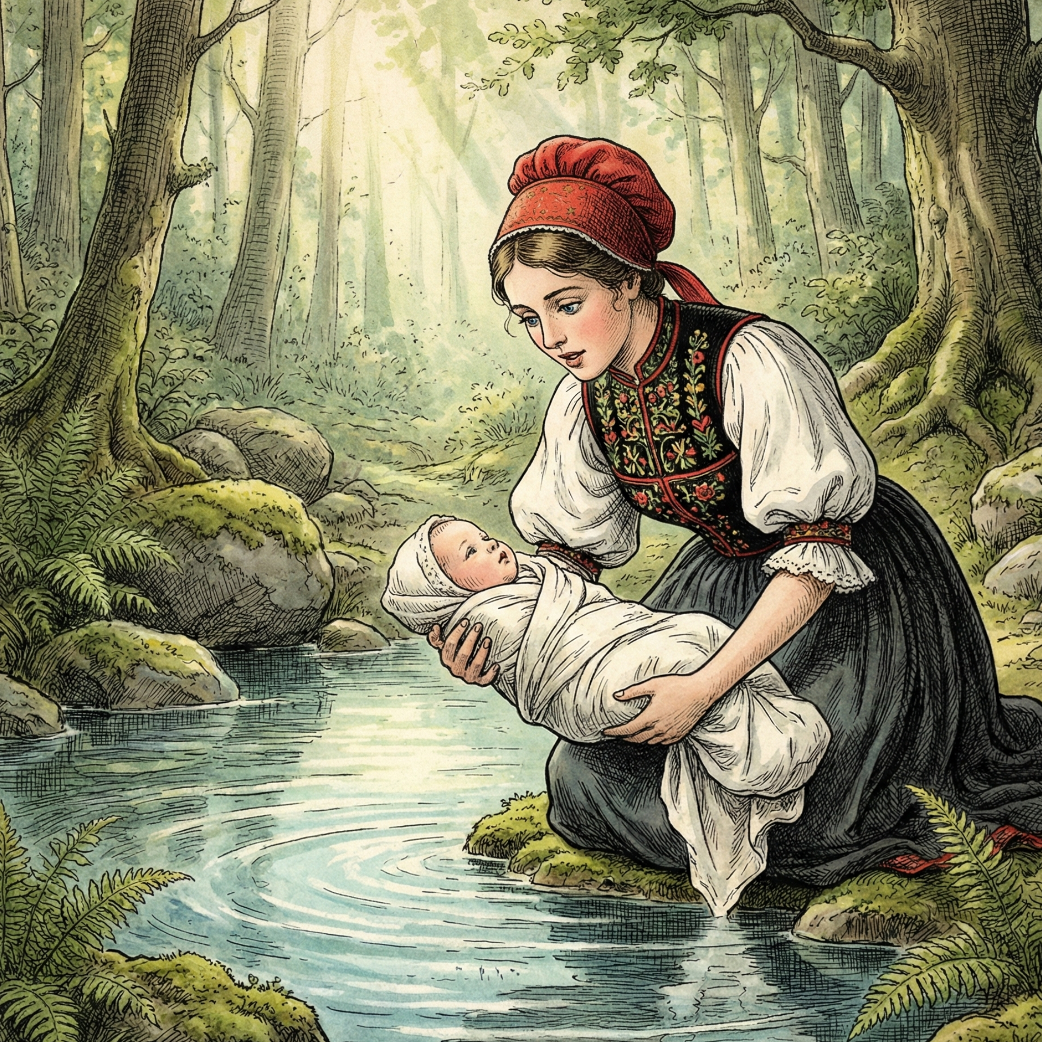 Illustration einer jungen Frau in traditioneller Tracht, die ein in Tücher gewickeltes Baby behutsam aus einem klaren Waldbach hebt; ruhige Waldszene mit Bäumen, Moos und Farnen im Hintergrund.