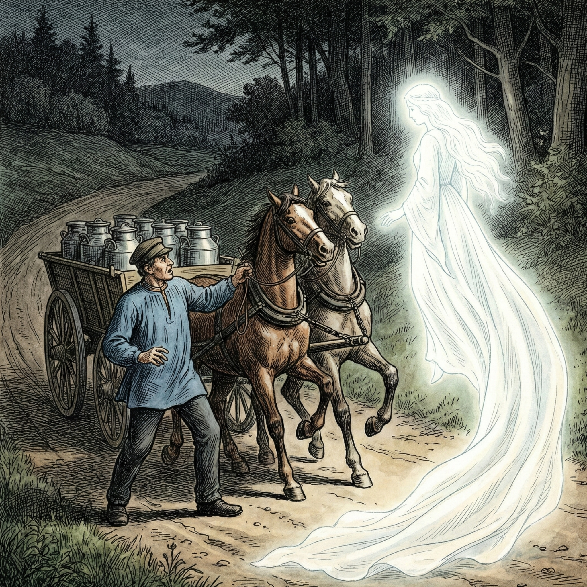 Illustration einer nächtlichen Sagengestalt: Eine leuchtend weiße Jungfrau erscheint einem Milchkutscher mit Pferdewagen auf einem Waldweg; die Pferde scheuen, während die geisterhafte Gestalt schwebend im Dunkel des Waldes steht.