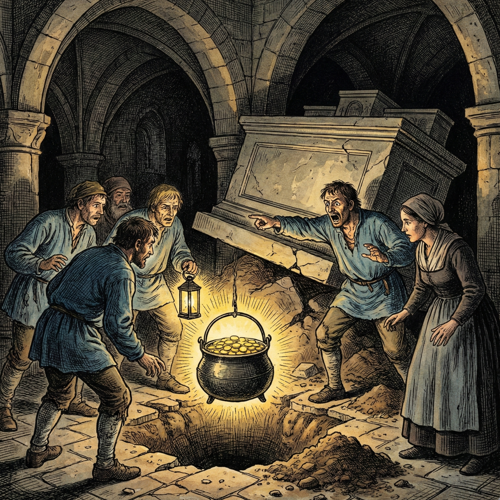 Illustration einer Sage: Mehrere Dorfbewohner stehen nachts in einer Kirchenruine um eine aufgebrochene Stelle im Boden; ein leuchtender Kessel voller Gold steigt aus der Tiefe auf, während ein Mann erschrocken warnt und die Gruppe zurückweicht.