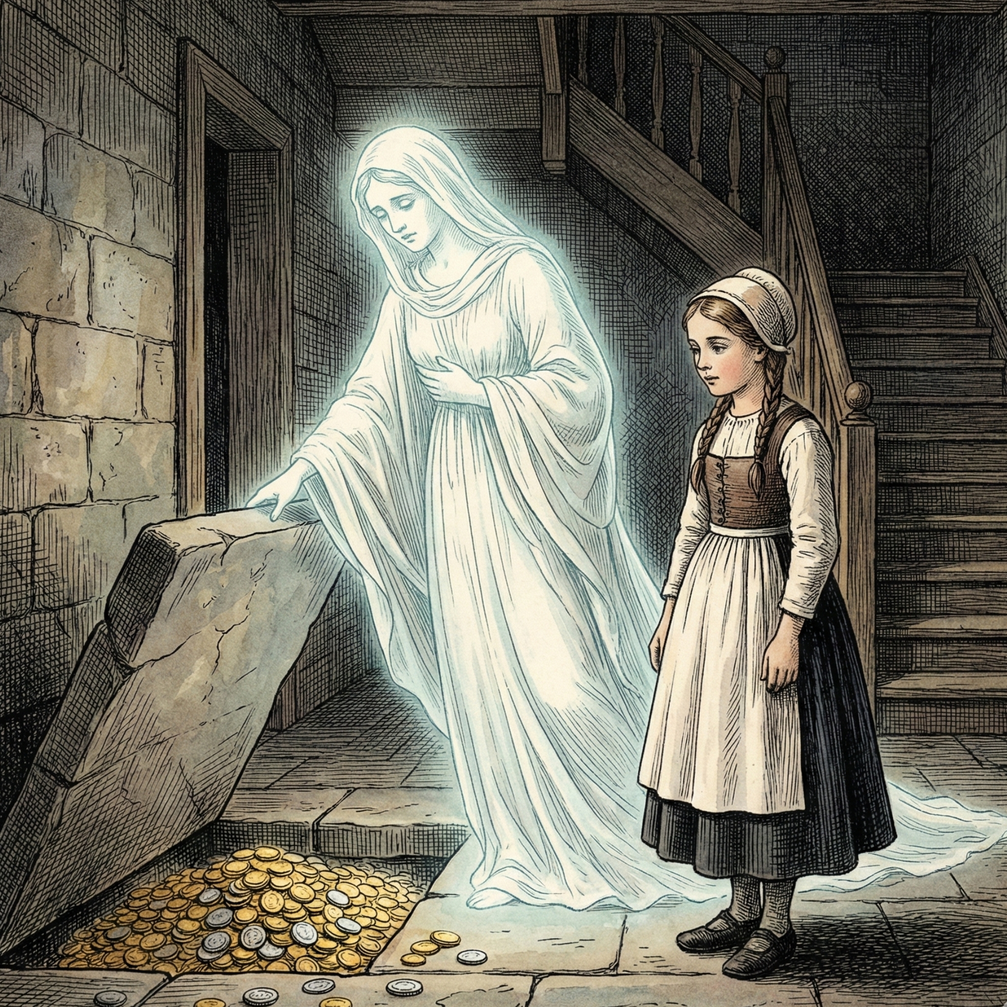 Illustration einer Sage: Eine leuchtende weiße Jungfrau hebt im Hausflur eine Steinplatte an und zeigt einen verborgenen Schatz aus Goldmünzen; daneben steht ein junges Mädchen und beobachtet die Szene, im Hintergrund eine Holztreppe.