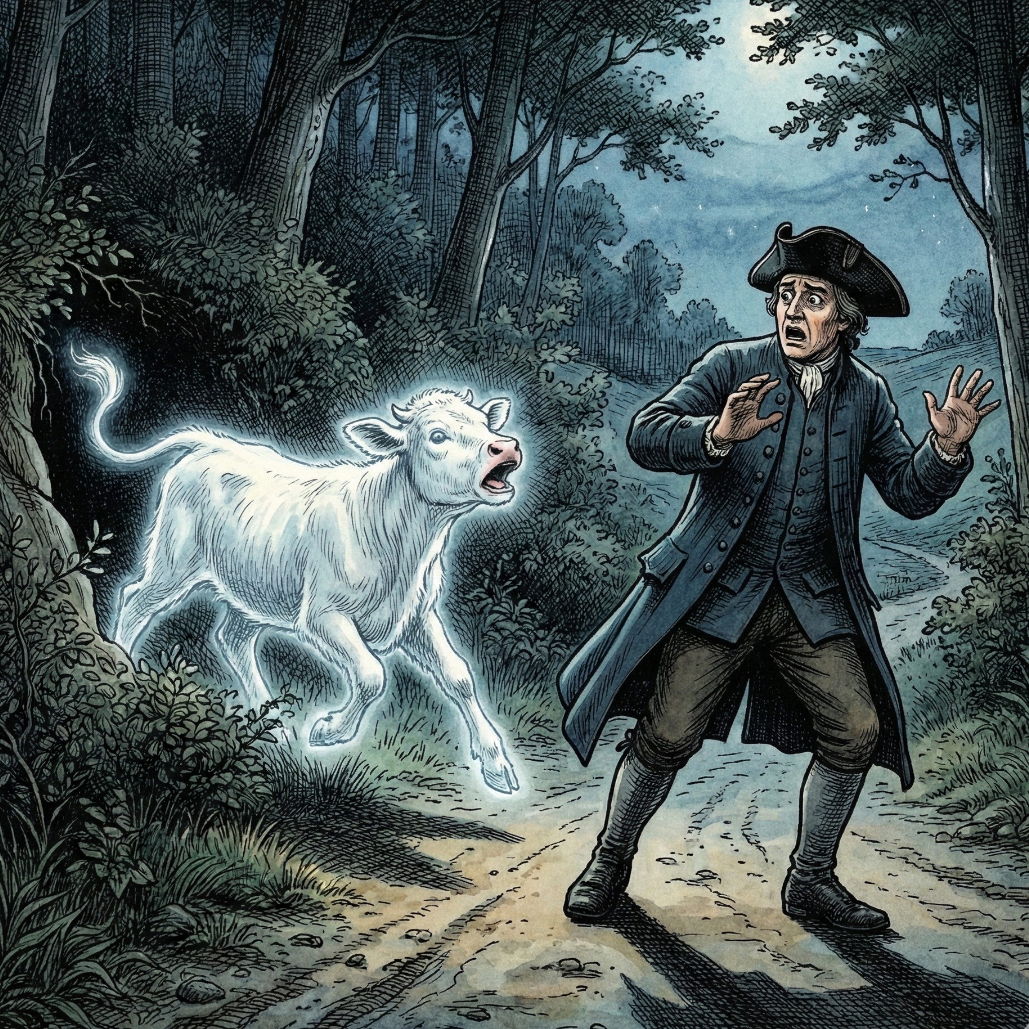 Ein nächtlicher Waldweg: Ein erschrockener Wanderer weicht zurück, während aus dem Gebüsch ein geisterhaft leuchtendes weißes Kalb mit geöffnetem Maul hervorbricht. Das unheimliche Tier scheint zu blöken und jagt dem Mann im dunklen Wald einen Schrecken ein.