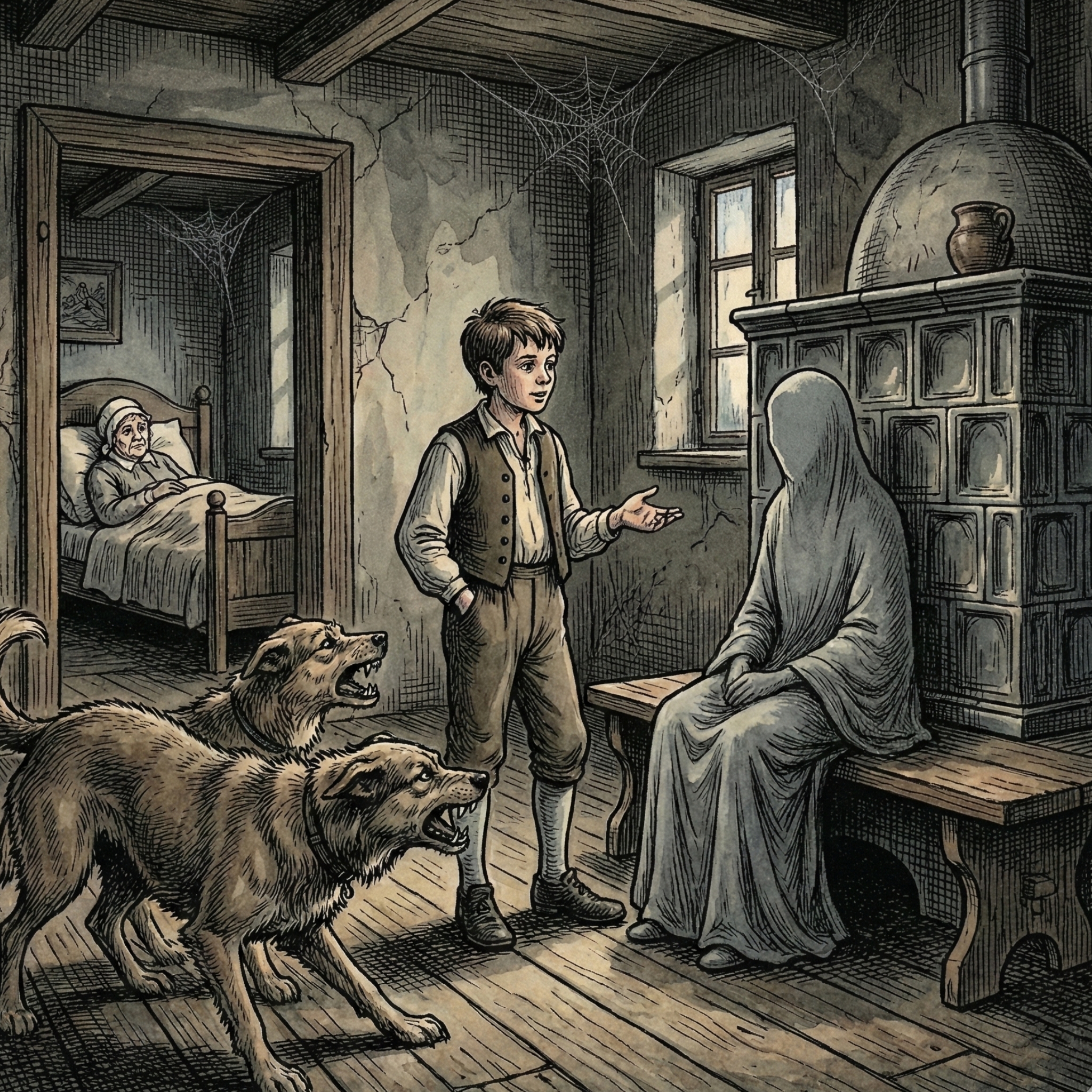 Düstere Stube in einem alten Bauernhaus: Ein Junge spricht eine graue, gesichtslose Gestalt an, die auf der Ofenbank sitzt, während zwei große Hunde knurrend und mit gefletschten Zähnen vor ihr stehen; im Hintergrund liegt eine alte Frau im Bett.