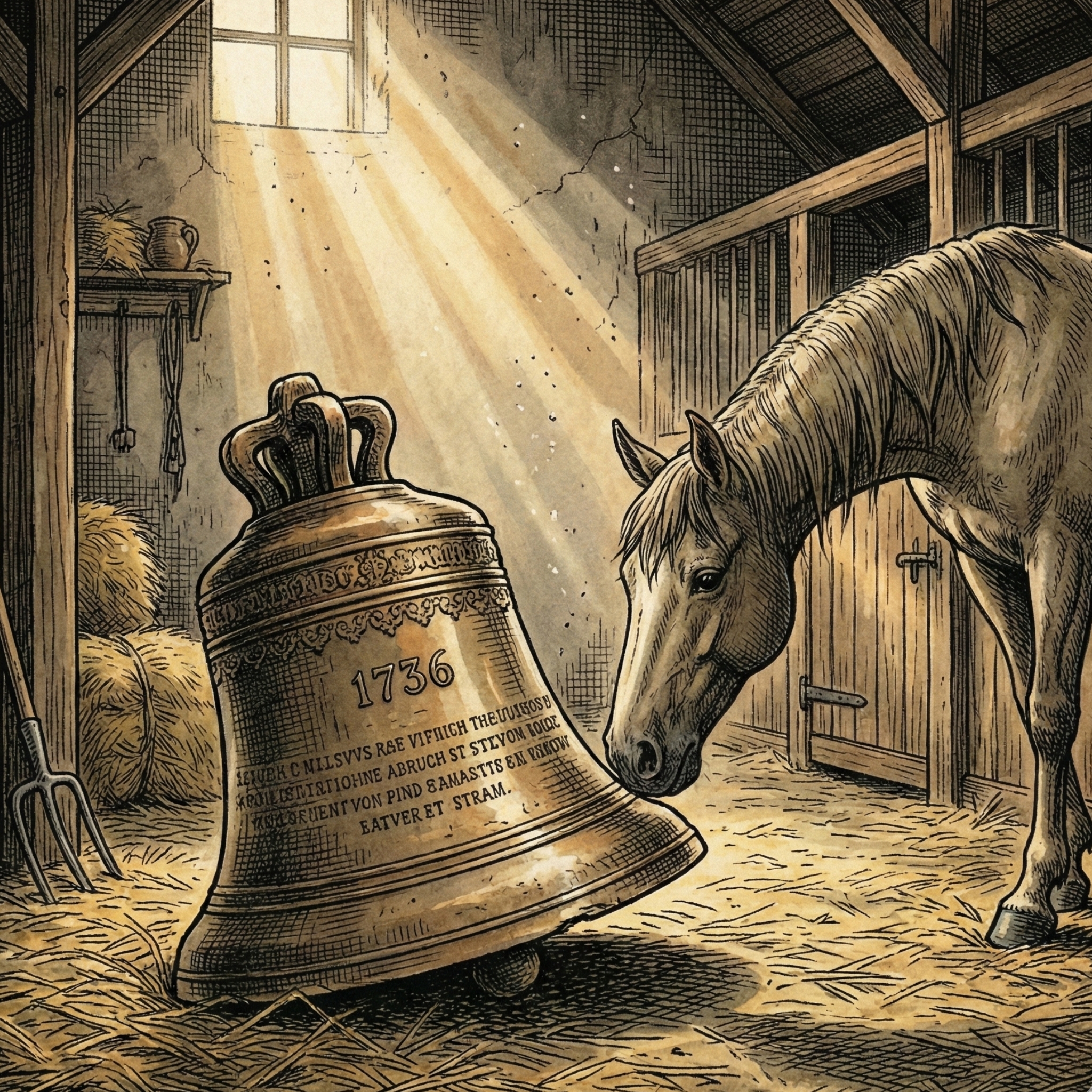 Stallszene im Halbdunkel: Eine große historische Kirchenglocke mit der Jahreszahl 1736 steht im Stroh eines Pferdestalls, während ein Pferd neugierig den Kopf senkt und die Glocke betrachtet; Sonnenlicht fällt durch ein kleines Fenster und beleuchtet Staubpartikel in der Luft.