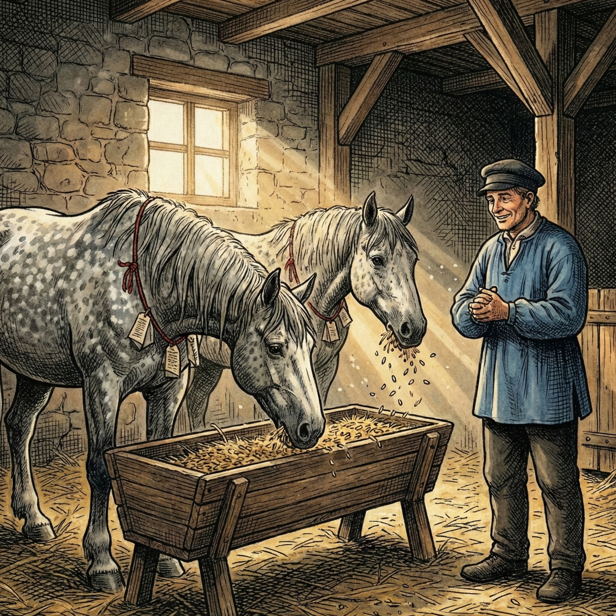 Stallszene: Zwei helle Apfelschimmel-Pferde stehen an einer Holzkrippe und fressen gierig Hafer; um ihre Hälse hängen rote Bänder mit kleinen Zetteln. Daneben steht ein Bauer in Arbeitskleidung, lächelt erleichtert und beobachtet die Pferde, während warmes Sonnenlicht durch ein Fenster in den alten Stein- und Fachwerkstall fällt.