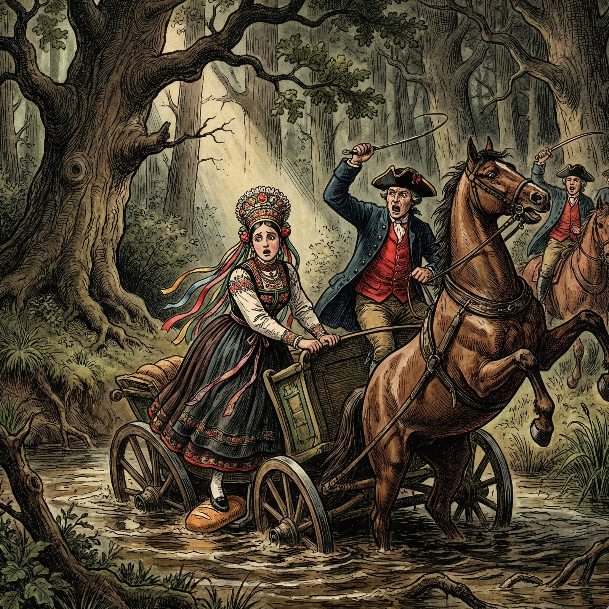Historische Illustration einer Hochzeitsgesellschaft im Wald: Eine Braut im traditionellen Kleid steht erschrocken auf einem Brautwagen, während Pferde im sumpfigen Bach scheuen. Reiter mit Peitschen versuchen vergeblich, den Wagen aus dem Morast zu ziehen; Bäume und dichtes Gehölz umgeben die Szene.