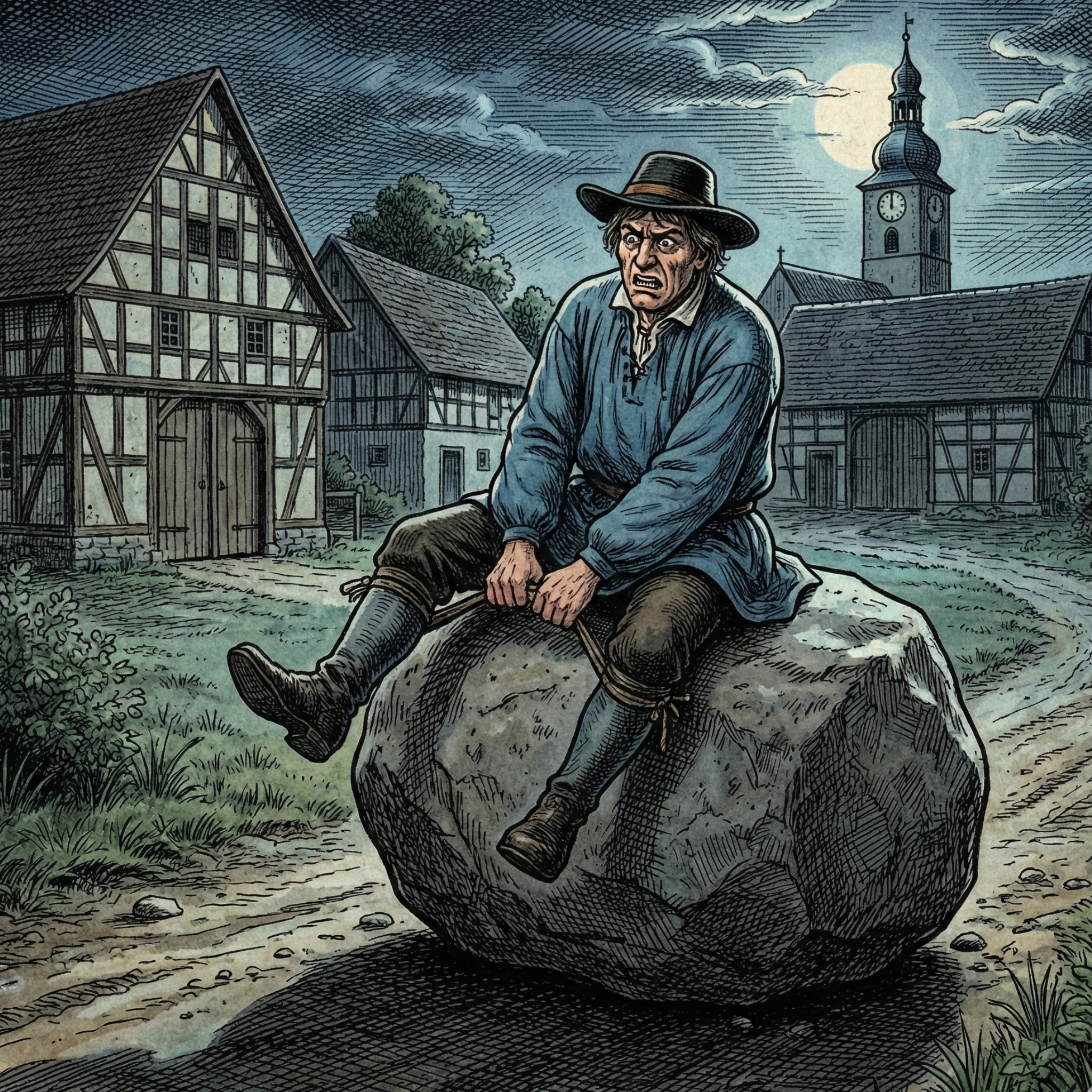Ein Mann in bäuerlicher Kleidung sitzt nachts rittlings auf einem großen Stein und wirkt verängstigt und wie festgehalten. Im Hintergrund stehen Fachwerkhäuser und ein Kirchturm mit Uhr vor hellem Mondlicht, was die unheimliche Stimmung der Szene verstärkt.