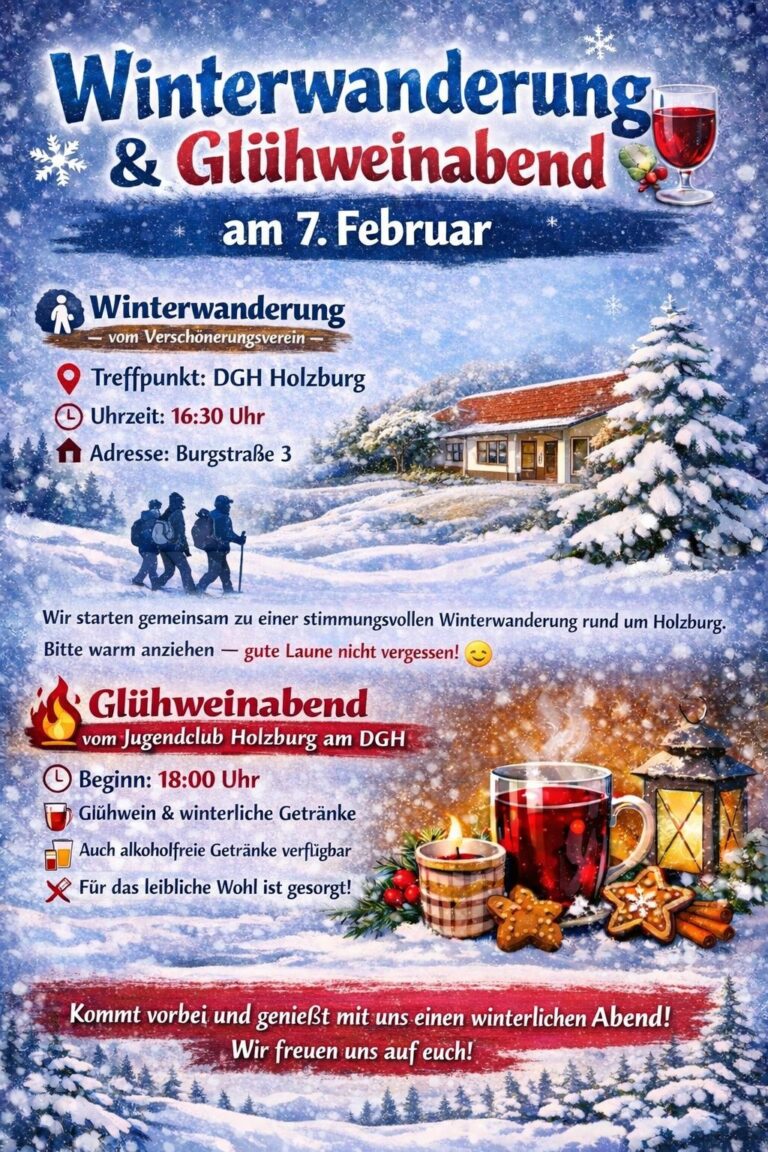 Einladung zur Winterwanderung und Glühweinabend am 7. Februar in Holzburg